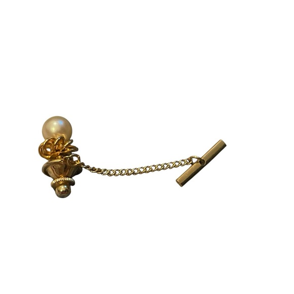 Classy Gold tone & faux Pearl Tie Tack pin with chain-looks like real gold - Picture 2 of 3